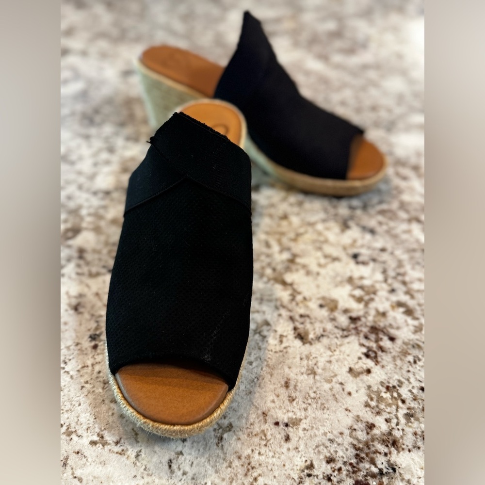 Madeline Black Open-Toe Espadrille Wedge Mules